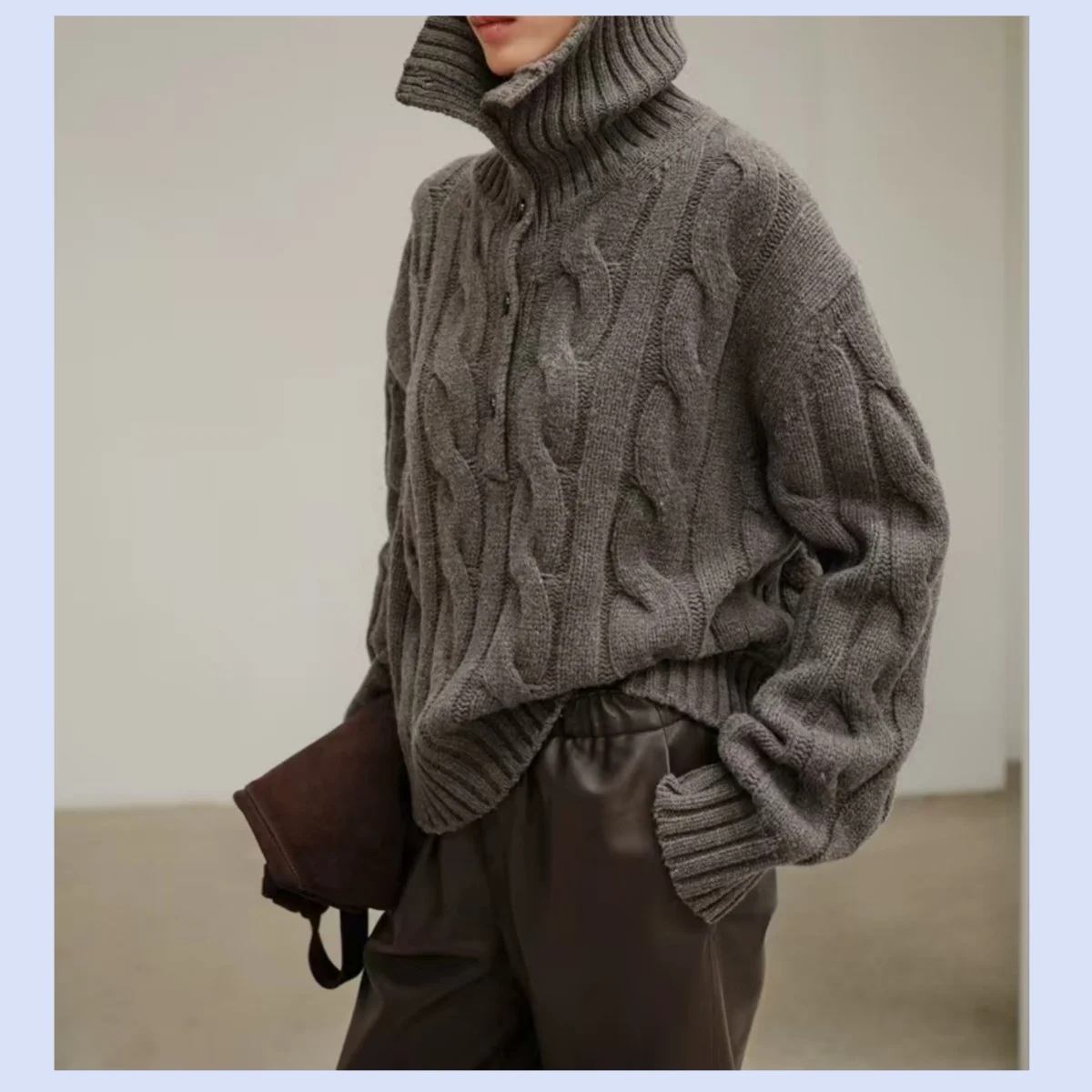 Vintage three-dimensional thick needle cable knit wool high-neck inverted T-shaped silhouette sweater