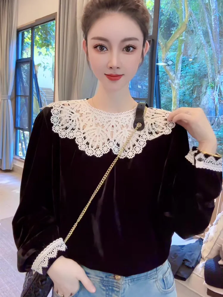 Ele encaje Patchwork terciopelo irt mujer Faion adelgazante Bla Top lujo Sle largo Sve suelta Fit niñas irt