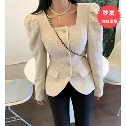 Tweed Square Neck Slim Fit Single Breasted Jacket Top Winter Clothes Women Ropa Mujer New Autumn Elegant Chaquetas Coats