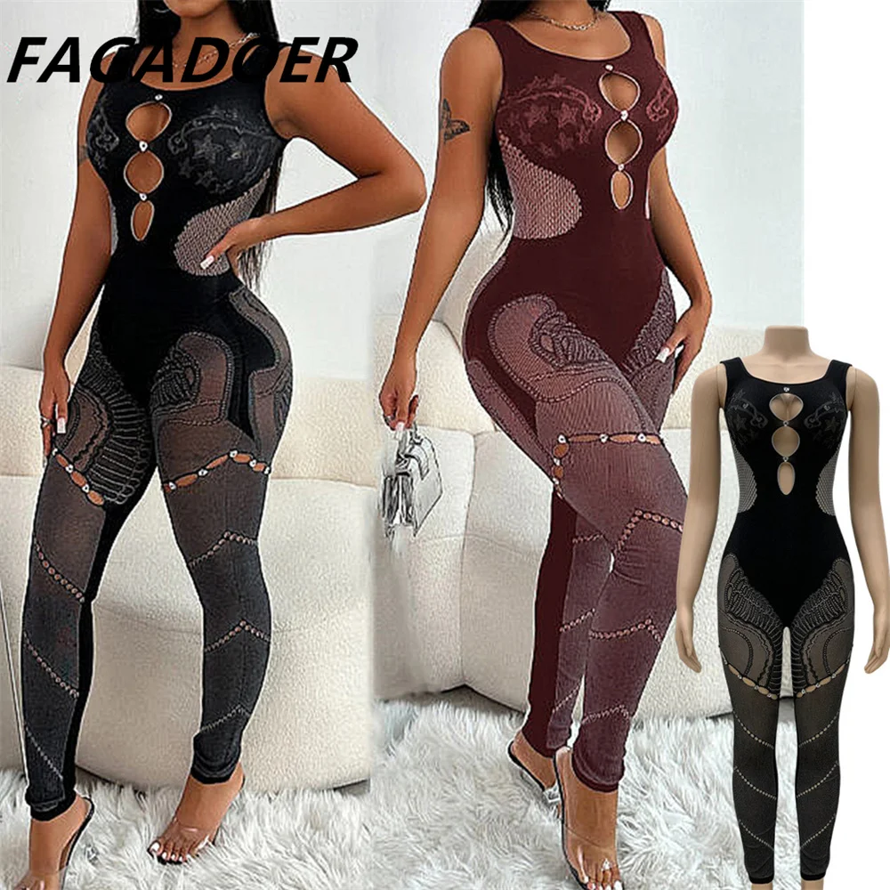 Fagadoer sexy grosso laço oco uma peça macacões feminino ver através sem mangas bodycon macacão femlae clubwear roupas 2024