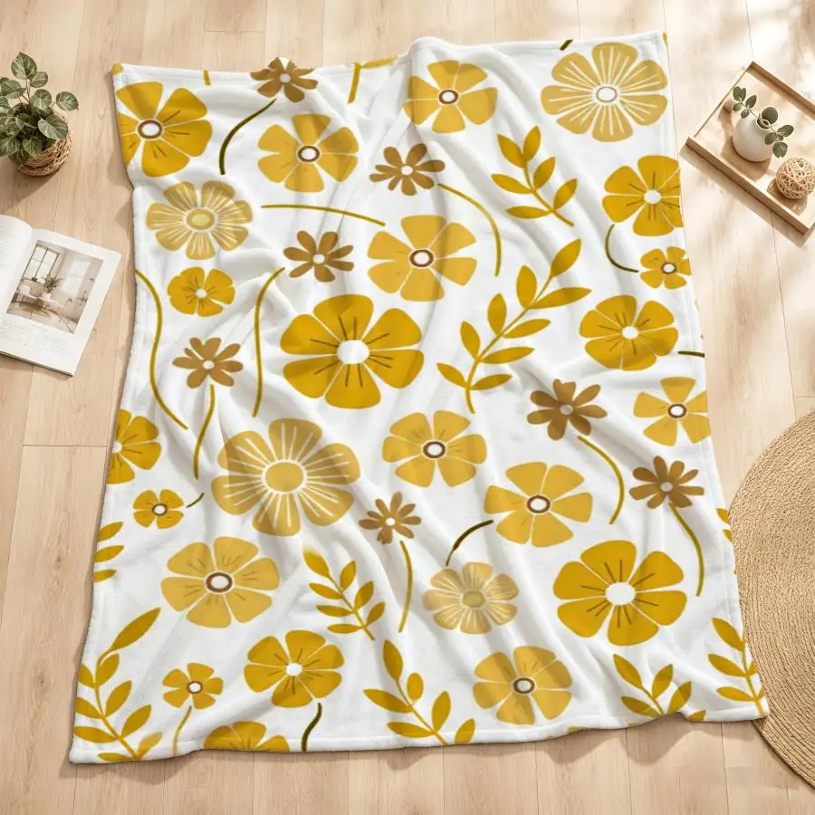 Elegant Yellow Floral Flannel Throw Blanket - Soft & Warm Repeating Botanical Pattern on White, Ideal for Couch, Bed, Office & Travel, Perfect Vintage-Style Gift for Family, Weighted Blanket 280GS