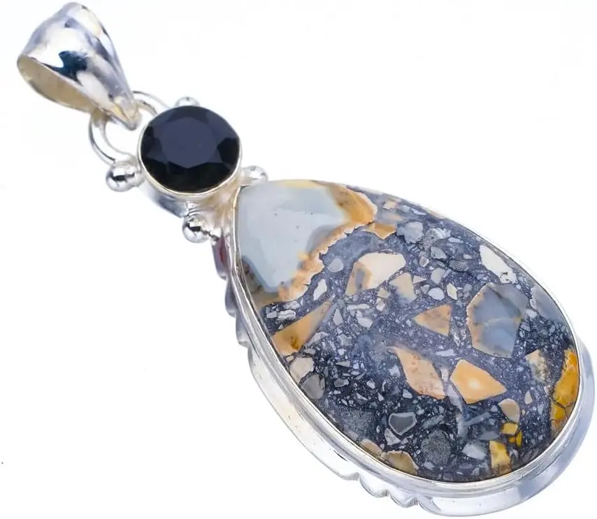 

StarGems Natural Jasper Black Onyx Handmade 925 Sterling Silver Pendant 1.75" F4276