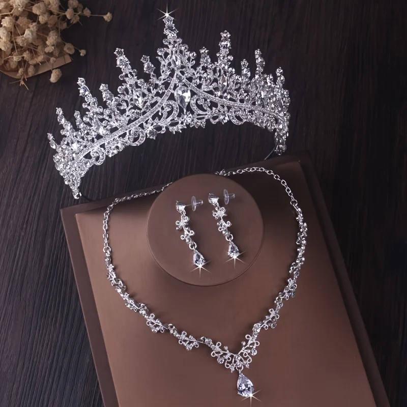 

Bridal Headwear Luxury Silver-Color Crystal Water Drop Rhinestone Tiara Necklace Earrings Wedding 4 Pcs Jewelry Set POLYESTER