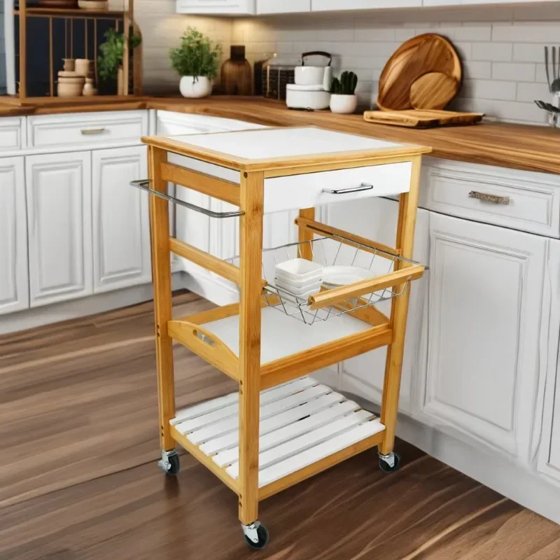 Bamboo Kitchen Trolley Cart with Shelves Drawer Basket Bar Cart