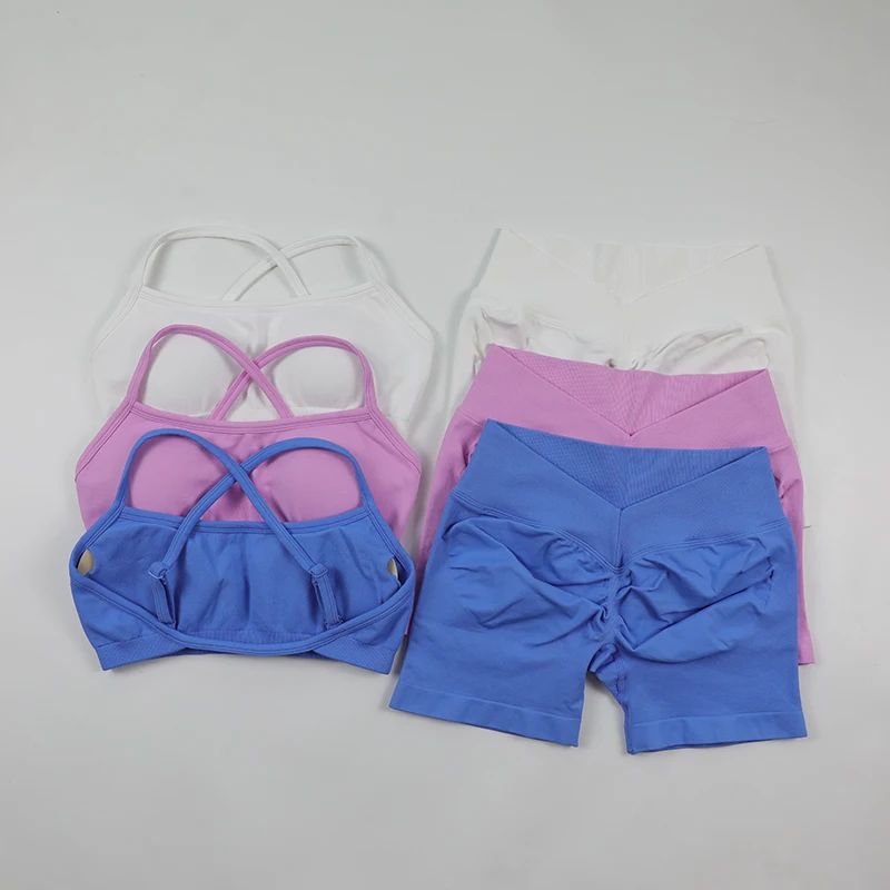 Seamless Yoga Set Gym Clothes Woman 2 Piece Adjustable Strap Sports Bra V-waist Scrunch Shorts Workout Sets Female Sportswear
