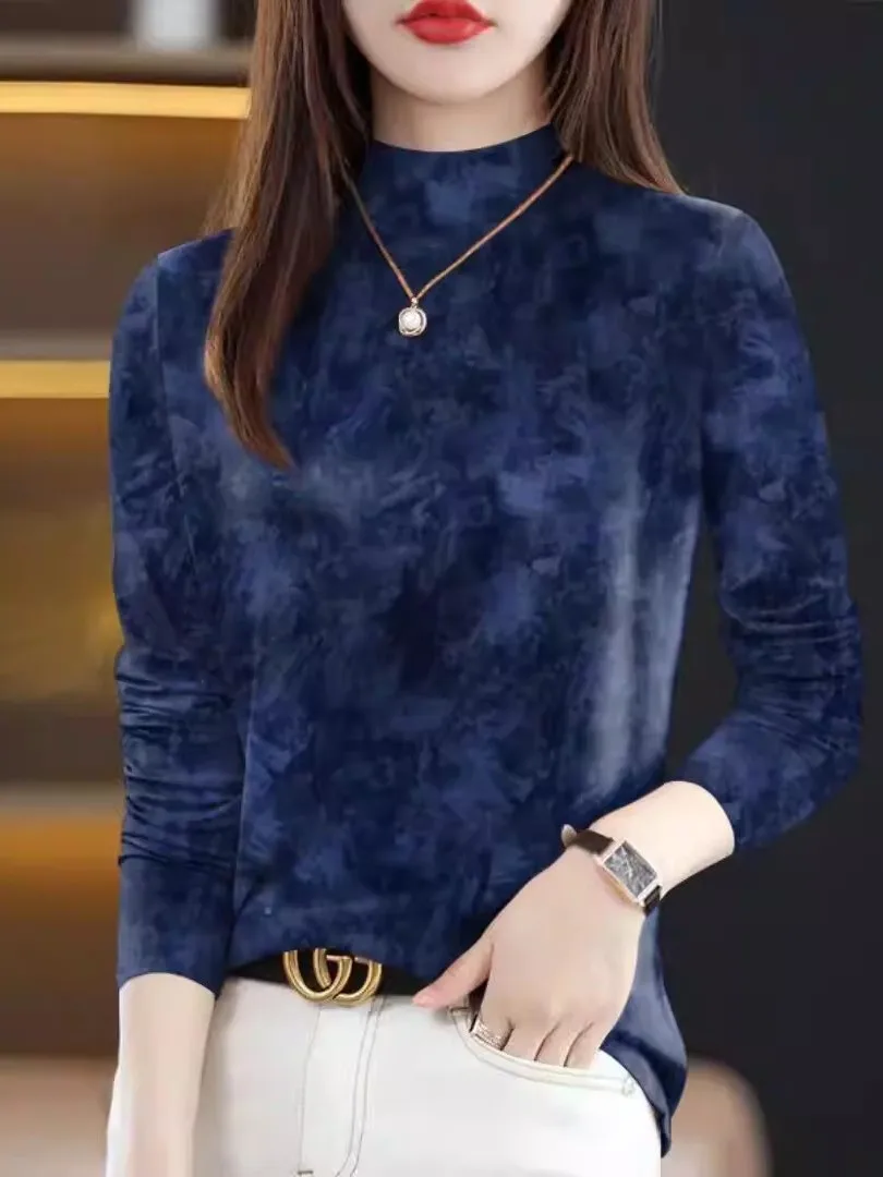 Slim Fit Long Sleeve Printed T-Shirt Women's High Neck Base Shirt Fashionable Thin Style Cover Belly Autumn Winter Hit