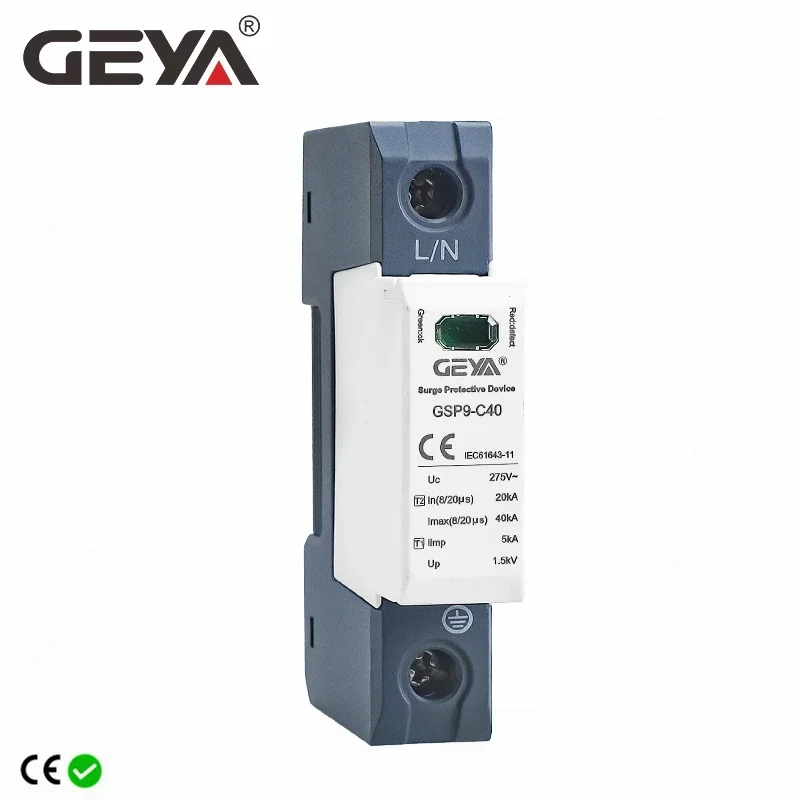 

GEYA GSP9 1Pole Surge Protector 20KA-40KA SPD AC275V AC385V 400V 440V SPD House Surge Protector 1P+N Din Rail