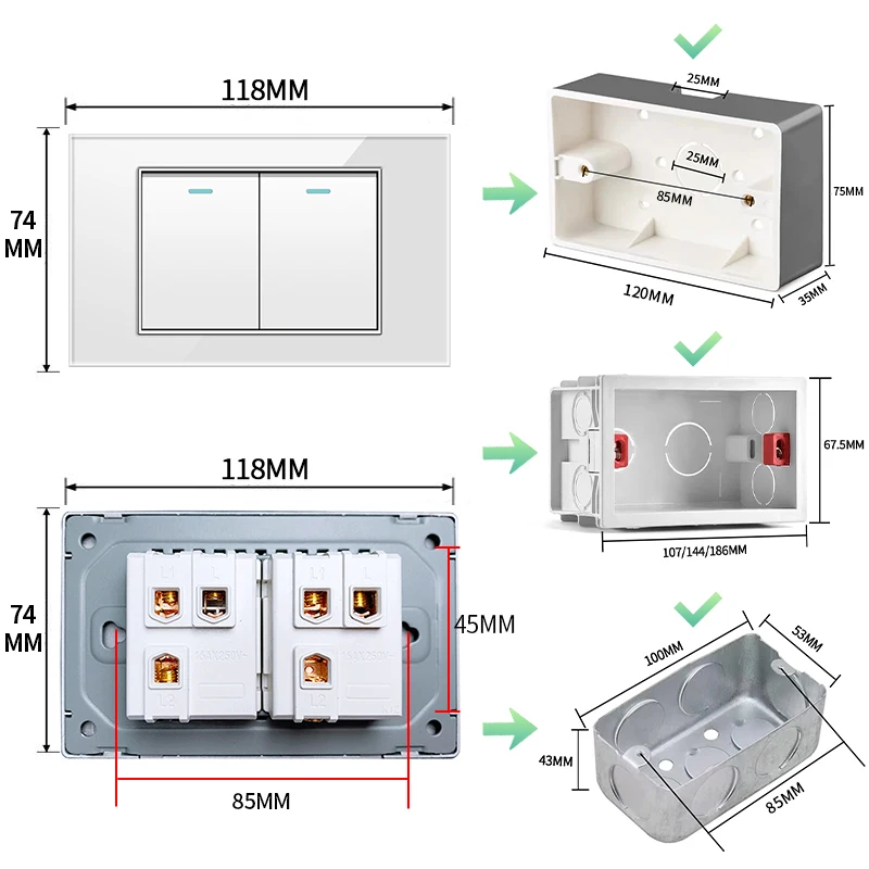 PSSRISE AU EU Brazil Italy US Standard 1/2/3/4/5/6 Gang 2 Way Wall light switch Tempered glass Panel Switch 118*74mm AC110-250V image 3