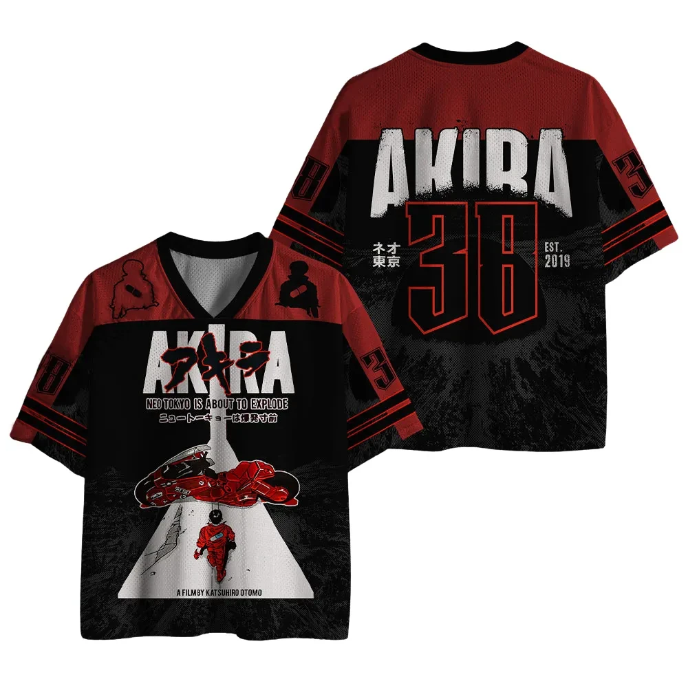 AliExpress Bandai New Men's Oversized AKIRA Anime Mesh Jersey T-shirt, Retro Kaneda & Red Bike Print, Casual Streetwear V-Neck Short Sleeve Top