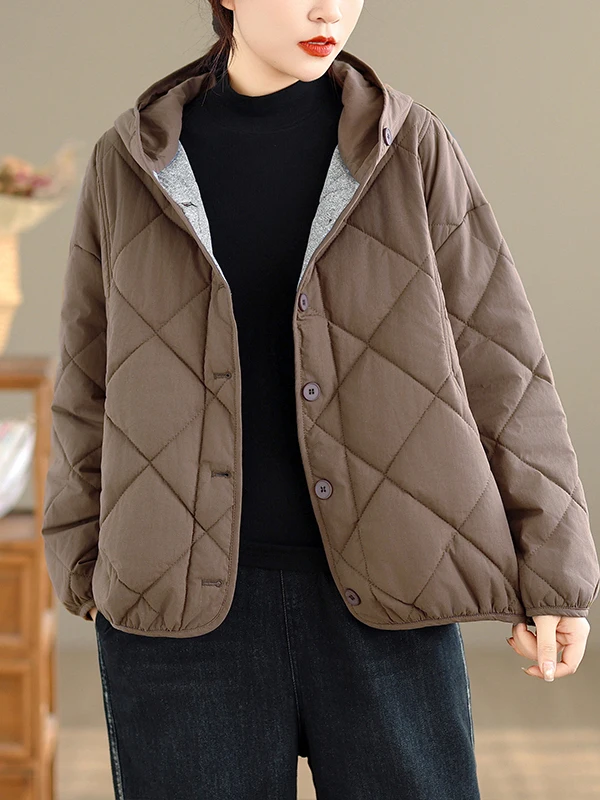 Retro Diamond Pattern Warm Hooded Cotton Jaet Women's Winter Lightweight Large Size Cotton Filled ort Thiened Cotton Coat