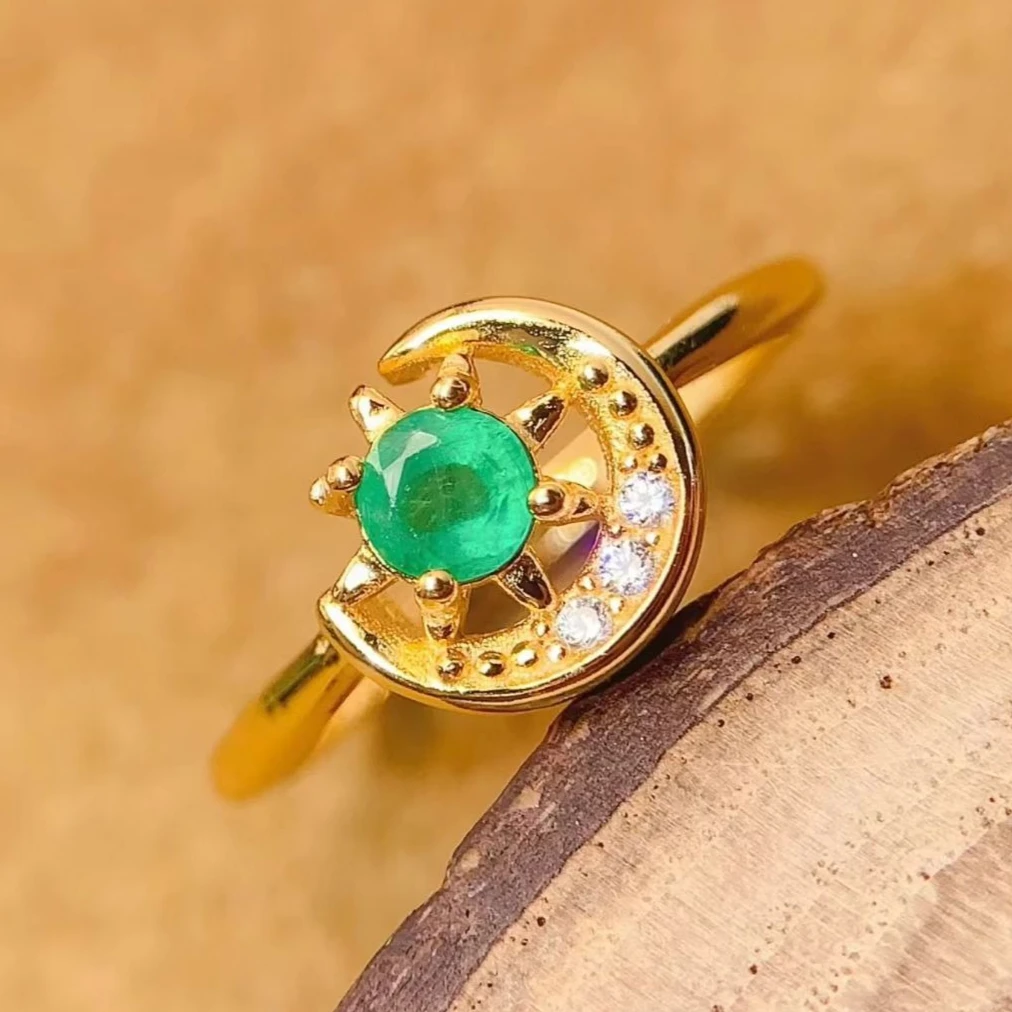 

Серебряное кольцо 925 пробы с луной и звездой, 4 мм, с натуральным изумрудом, с сертификатом, подлинный колумбийский изумруд, серебряные украшения