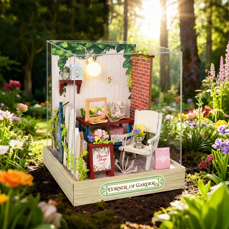 Kits de modelos en miniatura de madera DIY, Mini Casa de esquina de jardín, rompecabezas 3D, casas de muñecas con muebles ligeros para amigos, regalos de cumpleaños