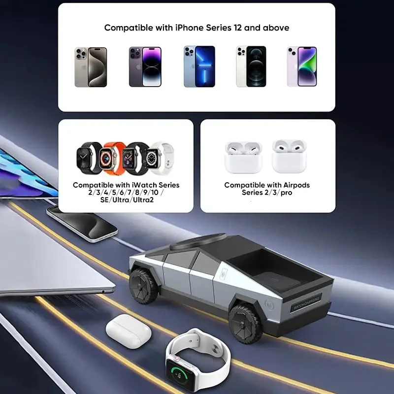 Cyberdock 3 in 1 Wireless Charging Station, Ambient Light, Auto Rotation Magnetic Charging Stand for iPhone, Air-Pods, Iwatch