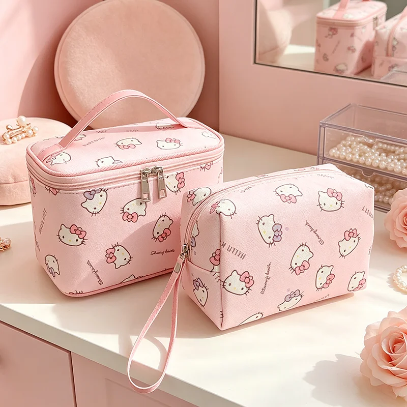 Sac de maquillage Hello Kitty, sac de rangement de cosmétiques de grande capacité, pochette de toilette de voyage portable, conteneur de produits de soins de la peau, cadeaux mignons