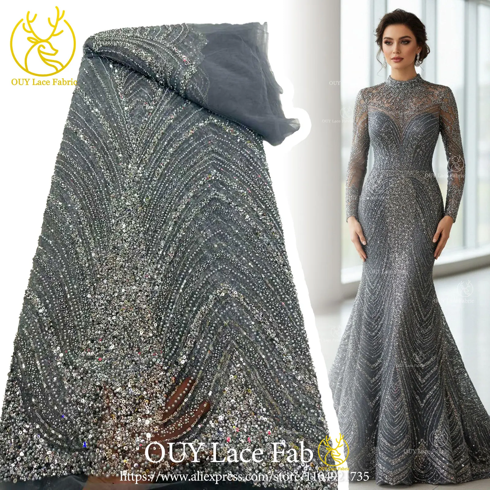 

Gray-Blue African Beaded Lace Fabric 2026 High-Quality French-Style Nigerian Sequined Lace Fabric Suitable for Evening Gowns
