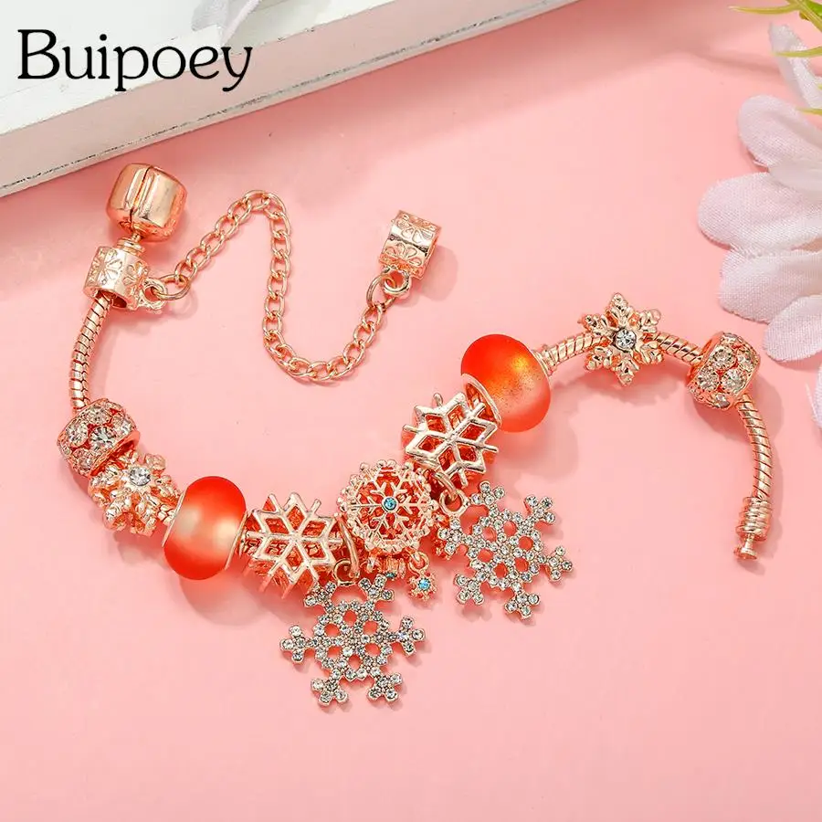 Buipoey Rose Gold Plated Snowflake Charm Bracelets For Women DIY Crystal Snowflake Alloy Bead Bracelet & Bangle Jewelry