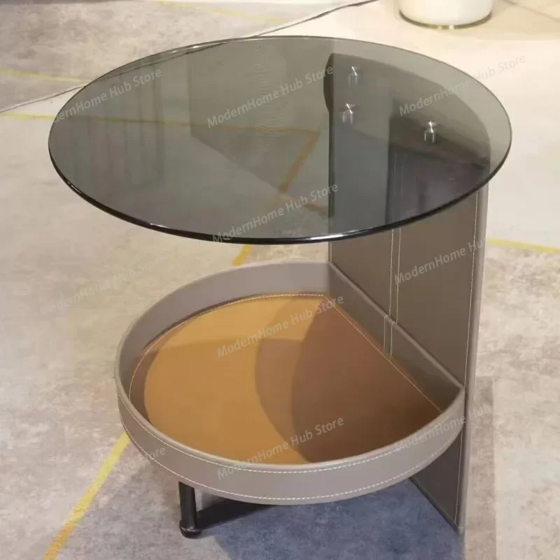 

Modern Luxury Side Table with Round Tempered Glass Top, Leather Storage Shelf, Sleek End Table for Living Room & Bedroom