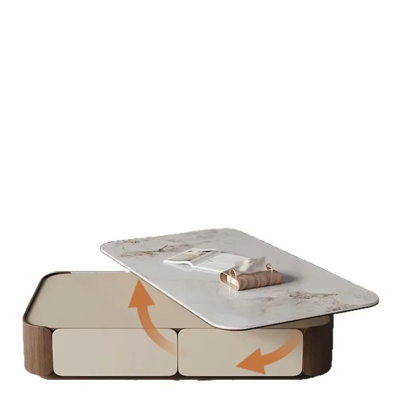 Rotatable small apartment light luxury rectangular rock slab all solid wood coffee table retractable TV cabinet