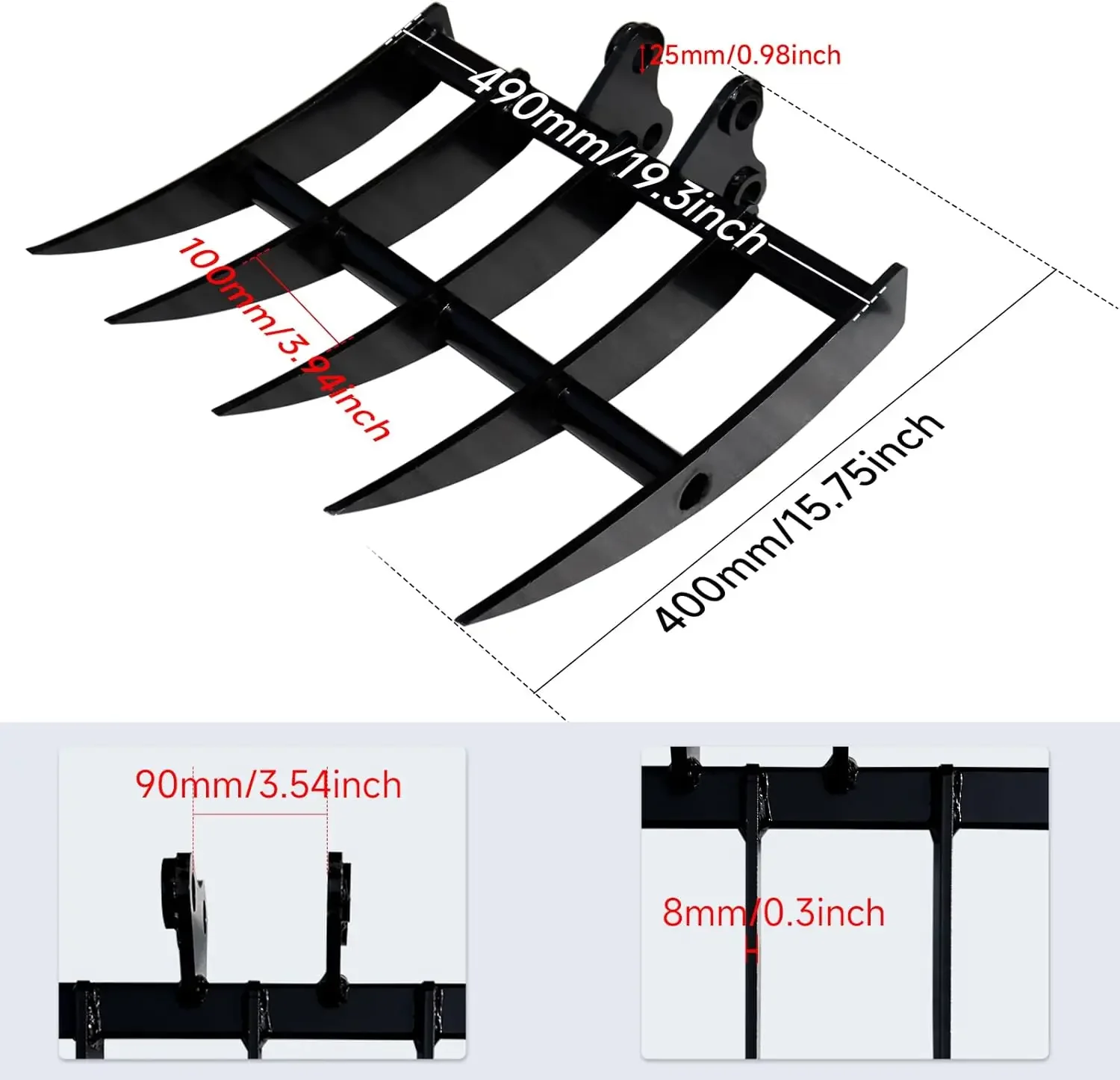 Rechenaufsatz für Minibagger, breiter Baggerrechen aus Metall zum Lösen und Entfernen von Oberflächenbodenmaschinen