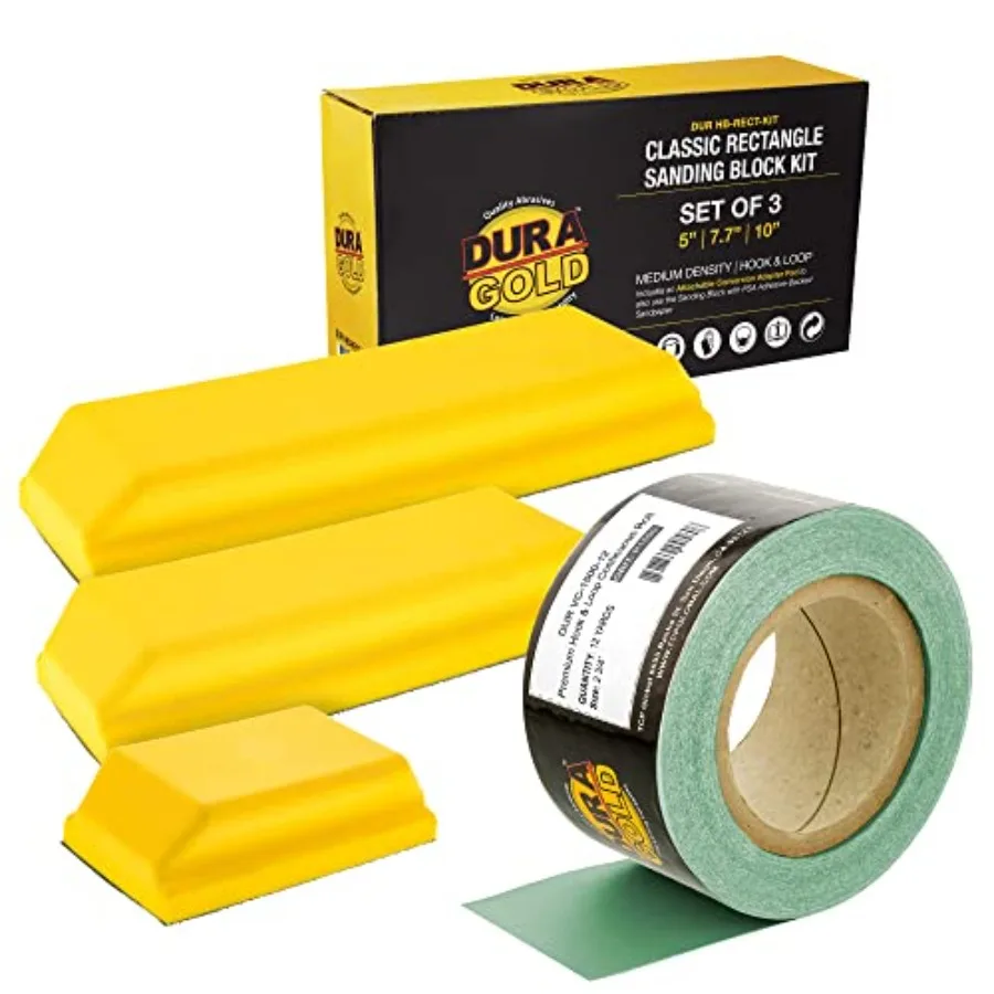 

Dura-Gold Pro Series Rectangle Hand Sanding Block Kit with 3 Blocks 5" 7-3/4" and 10" Set Hook and Loop Backing and PSA Adapter
