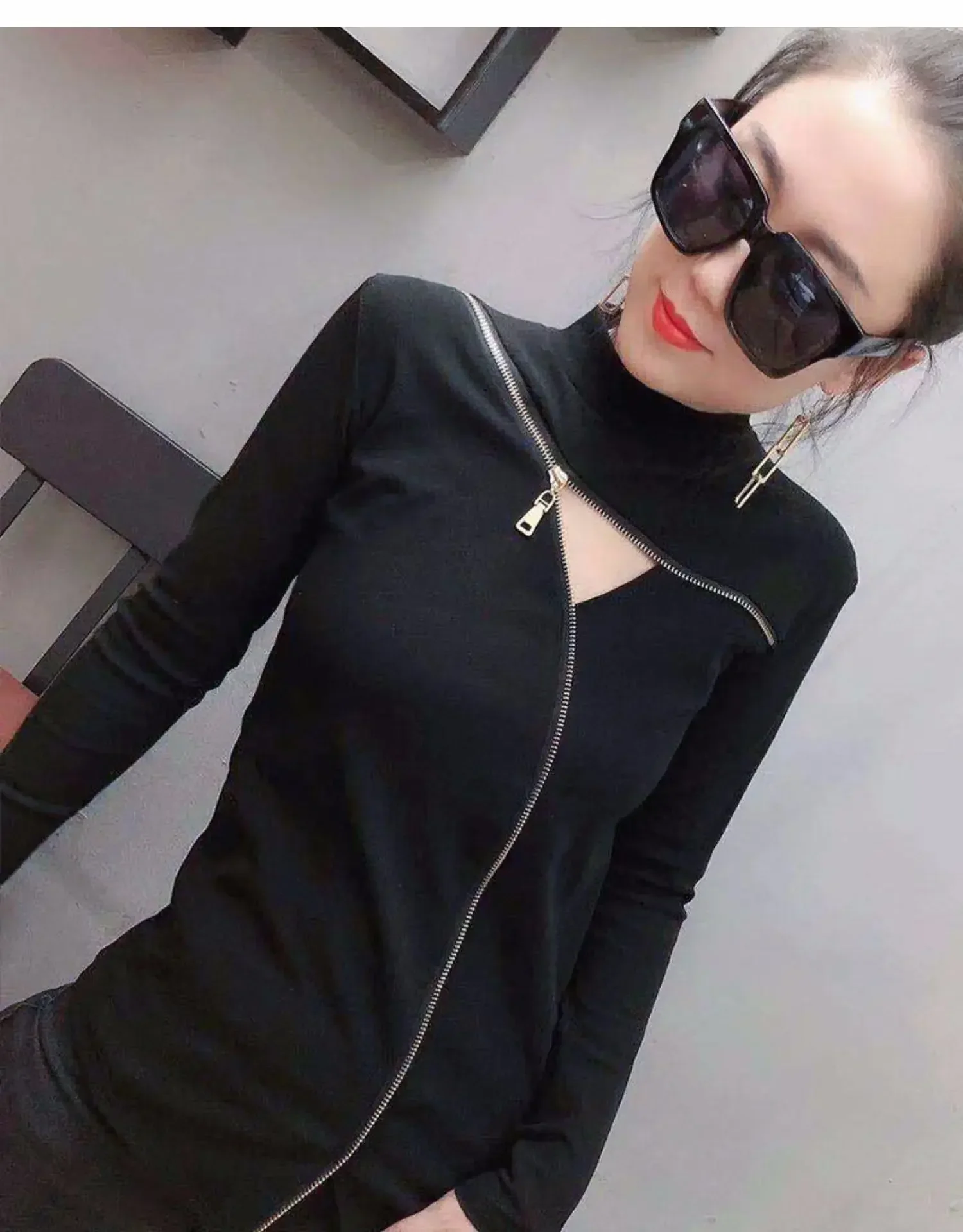 Zipper Deco Women T-shirts Femme Strechy Cotton T-shirts Lady Zipper Pullovers Tp[s