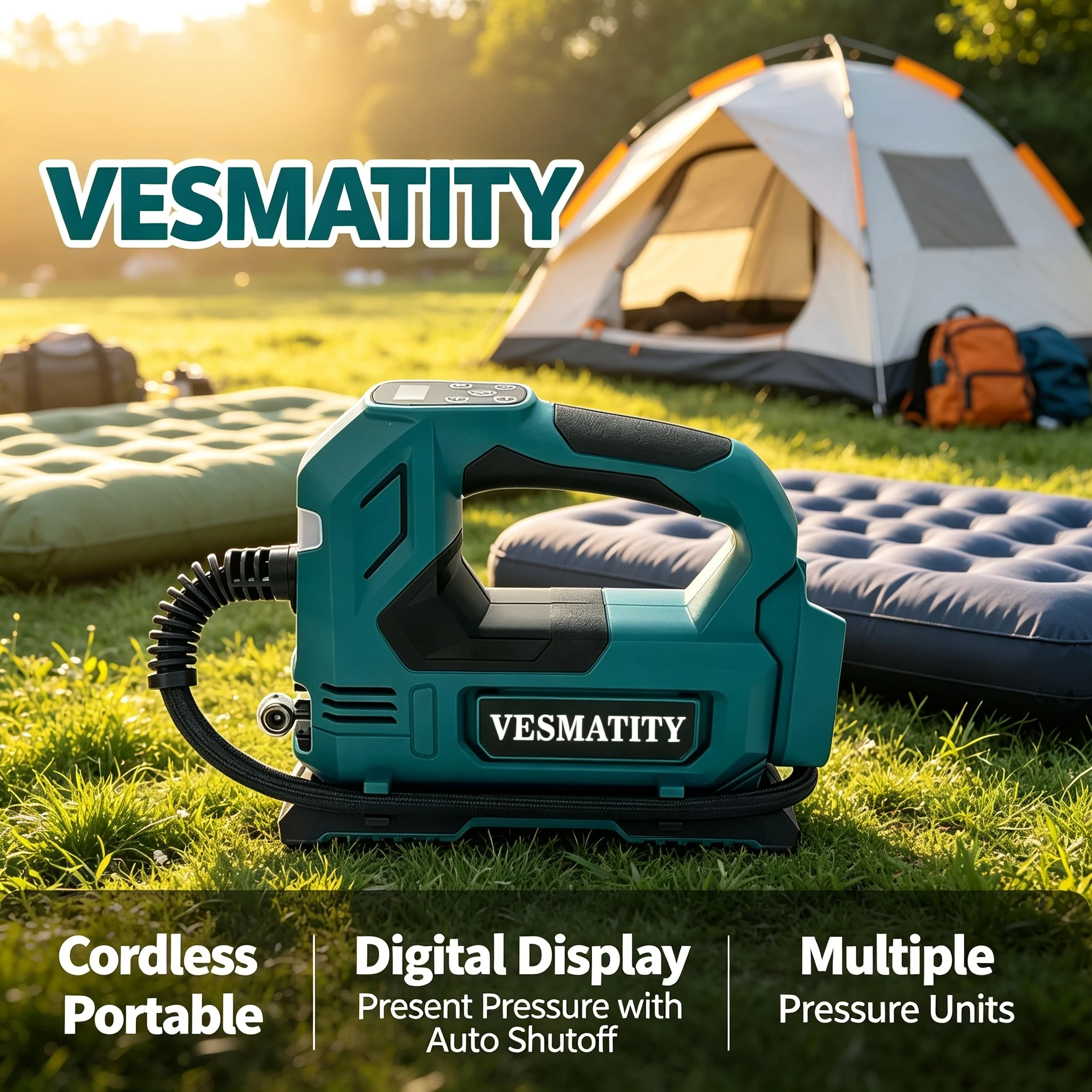 VESMATITY Digital Display Cordless Tyre Inflator Portable Air Pump for Car Motorcycle 18V 20V Lithium Battery Max Unit
