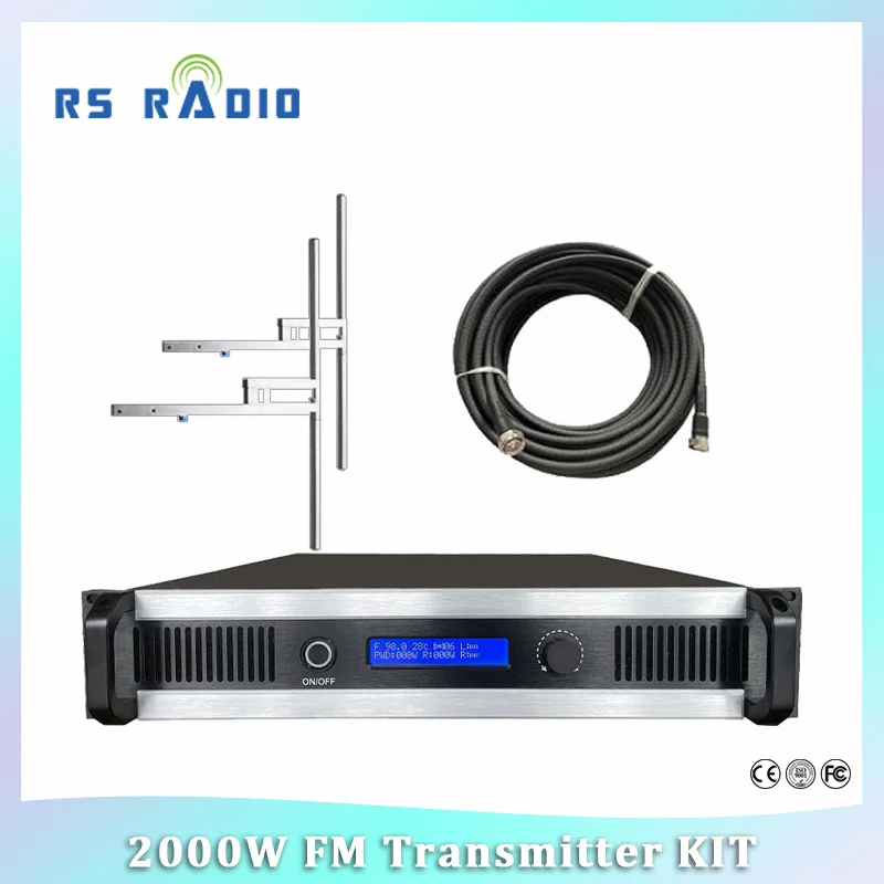 Trasmettitore FM da 2000 W + antenna a 2 alloggiamenti con divisore di potenza + cavi di alimentazione da 1/2" 50 M per stazioni radio