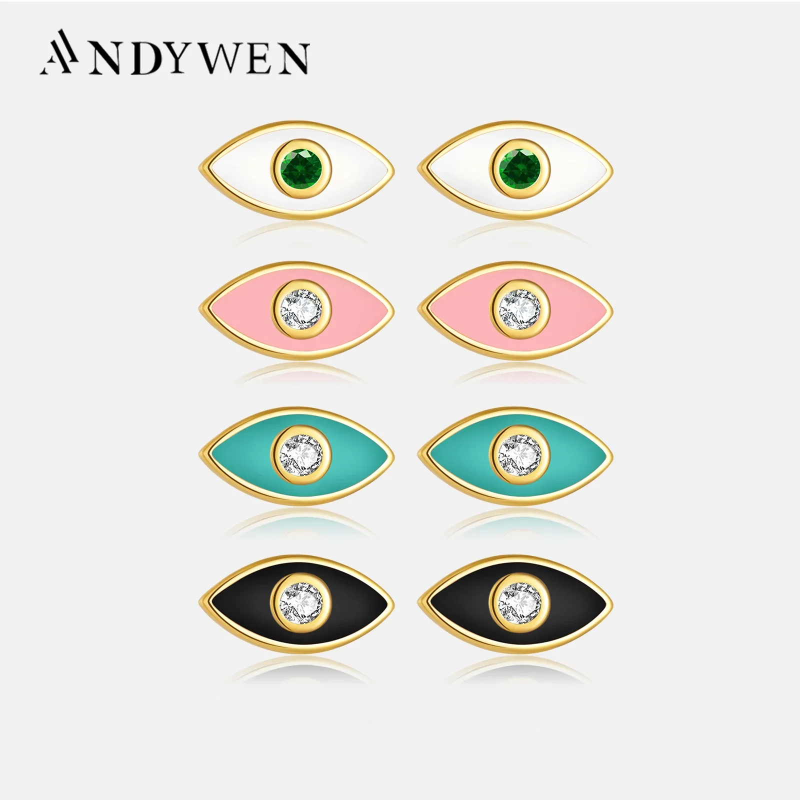 ANDYWEN 925 Sterling Silver Gold Eye Zircon Stud Earring Piercing Pendientes Clips Fine Jewelry Clips Rock Punk Luxury Jewels