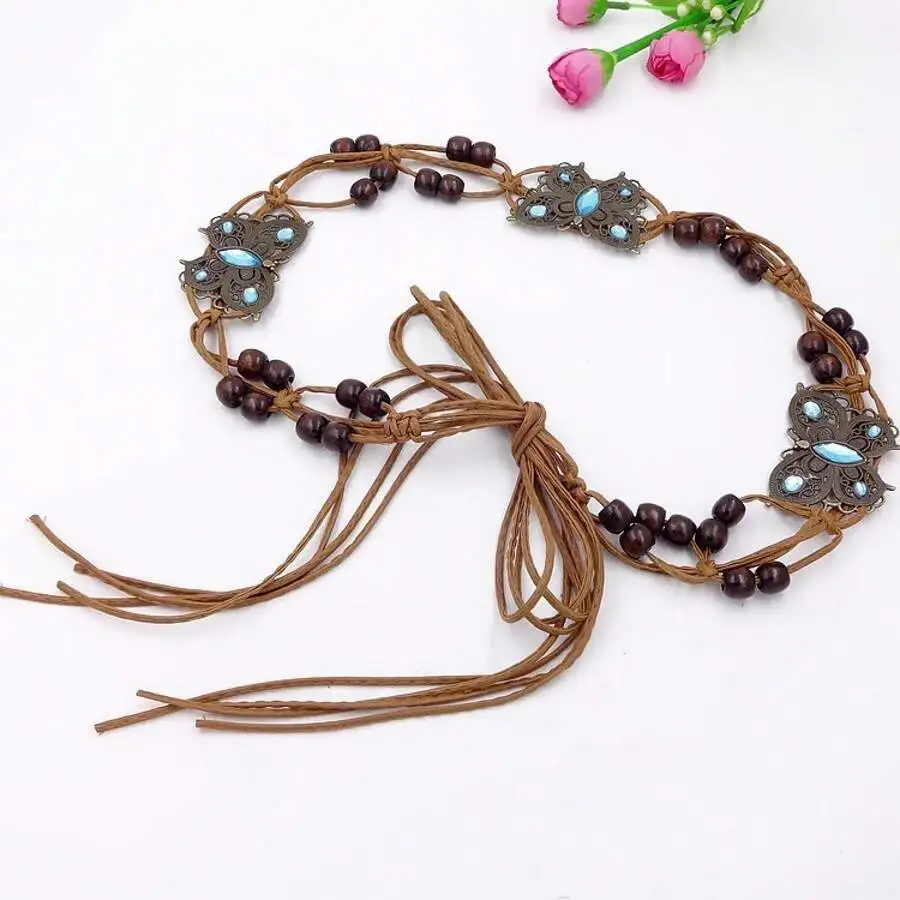 

Богемная цепочка на талию ручной работы с деревянными бусинами, кристаллами и подвесками в виде бабочек для женщин