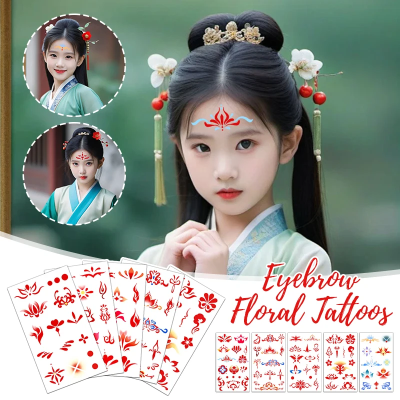 

10PCS Chinese Style Forehead Red Tattoo Stickers Flower Pattern Print Temporary Tattoos Children's Performance Hanfu Sticker