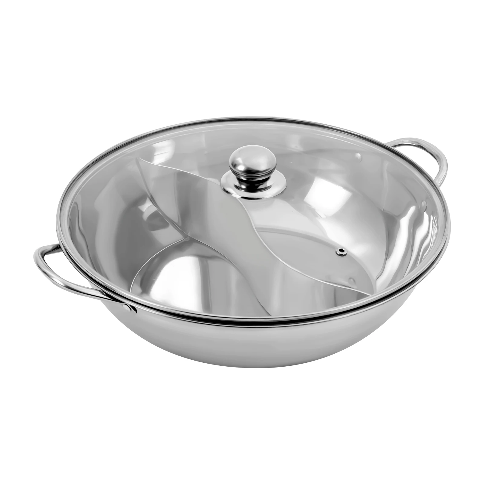 

﻿ ﻿ Stainless Steel Hot Pot with Divider(Size D*H: 34*8.5cm), Shabu Shabu Pot with Glass Lid, Hot Pot Set,Easy to Clean