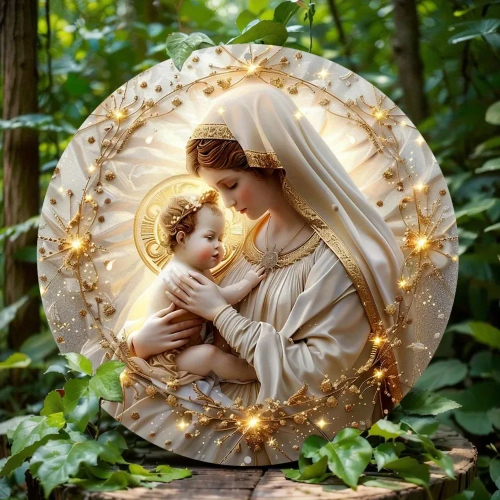 لافتة إكليل ماري تحت عنوان، ديكور معدني ديني دائري من الألومنيوم، المنزل أو غرفة النوم، المقهى، النادي، البار، ديكور المزرعة أو الحائط #1