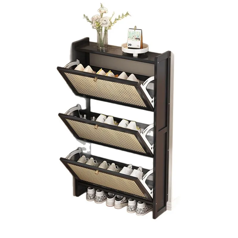 Ultra-thin shoe cabinet household door solid wood tipping bucket against the wall shoe rack new extremely