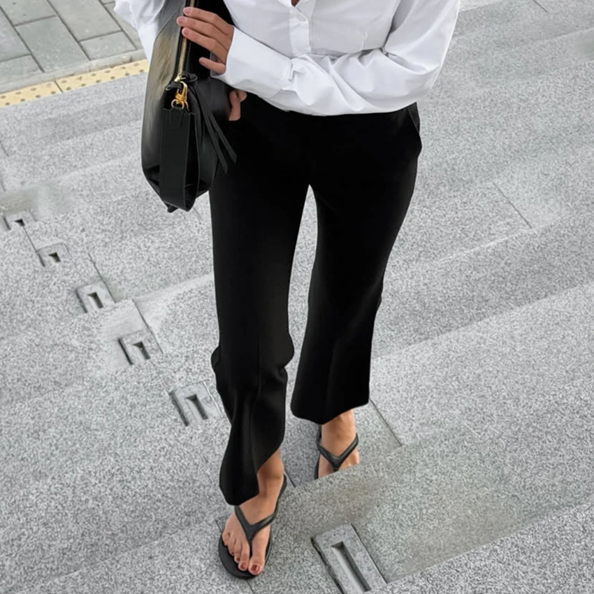 Black Office Lady Woven Women'S Mid-Waist Cropped Straight Pants Formal Pocket Bootcut Pants For Business Daily Wear 2026 Autumn