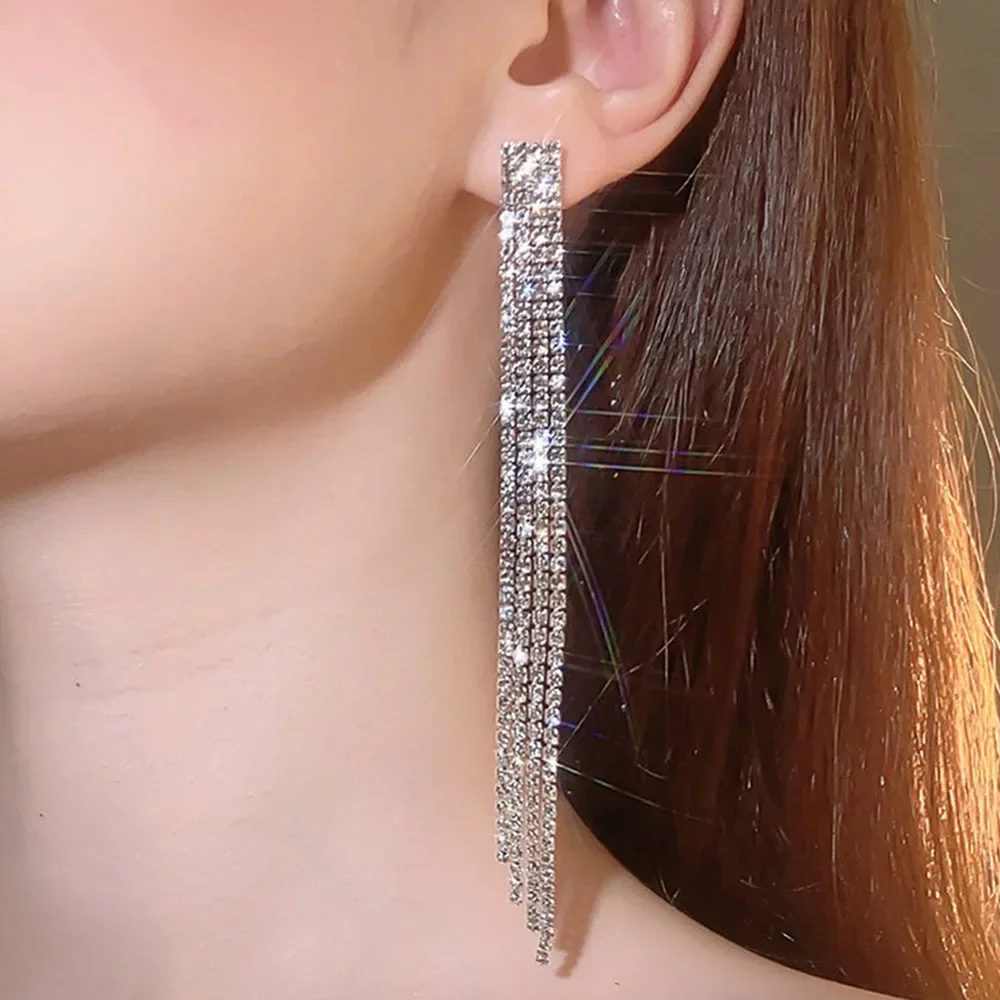 Lange Quasten-Strass-Ohrclips für Damen, luxuriös, glänzend, Braut-Ohrringe ohne Piercing, Hochzeitsschmuck