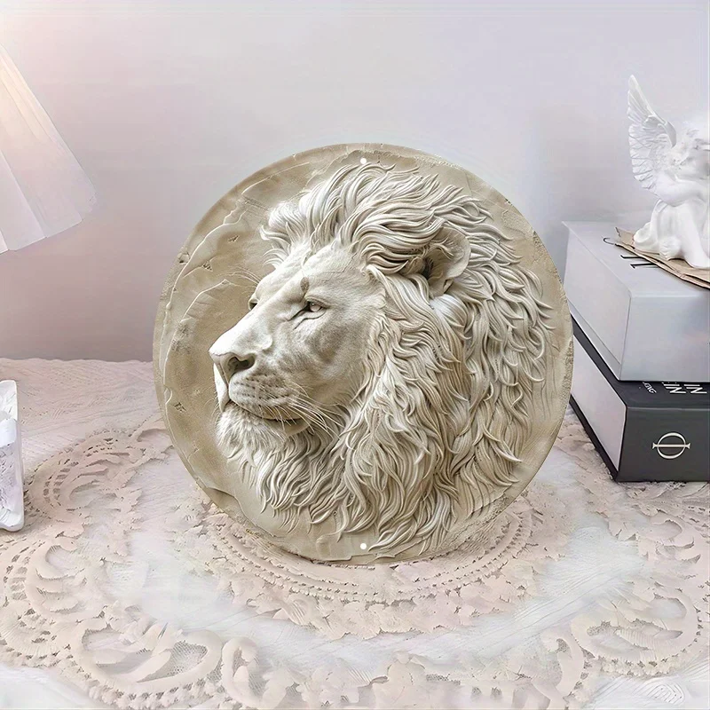 African Lion Aluminum Art Set, Waterproof, Pre-drilled, HD Printing, Weather Resistant, Round Metal Wall Decor, 8in, 11.8in, 1PC