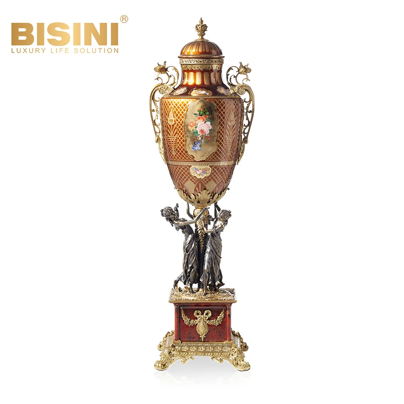 Pure Copper Gilded Decorative Vase Large Colored Glass Vase Luxury Living Room Accessories Entrance Glass Floor Standing Vase