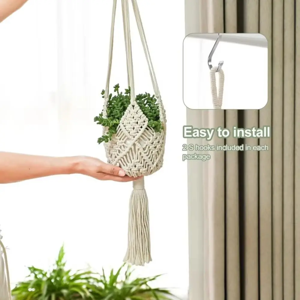 New Boho Plant Hanger Cotton Rope Woven with Net Pouch Hanging Basket Macrame Flower Pot for Indoor Outdoor Hanging Succulents