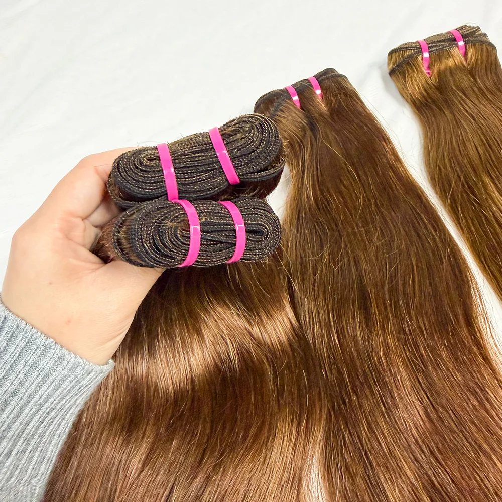 100 جرام/الحزمة 4 # الشوكولاته اللون حزم من شعر طبيعي مفرود 8-30 بوصة النسيج وصلات شعر ريمي شعر ناعم مستقيم السائبة #6