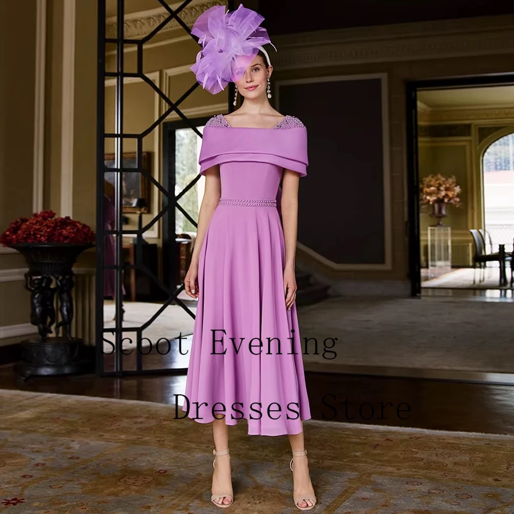 Purple Scoop Mother of Bride Dresses Short Sleeve Wedding Party Dresses for Women Summer New Chiffon Beach 2026 Robe De Soirée