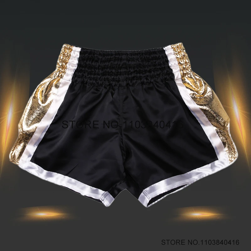 Boxing Shorts Child Women Men's Muay Thai Shorts Satin Plain Kickboxing Fight Pants Gym Martial Arts Training Clothes Gold Black