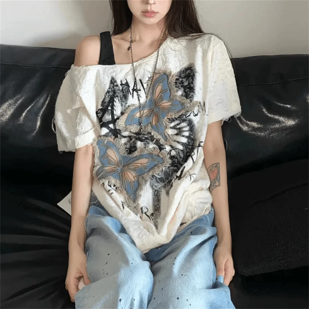 Y2K Aesthetic Off Shoulder T-Shirt Women Butterfly Raw Edge Oversized Short Sleeve Tee Vintage Grunge Casual Streetwear Harajuku