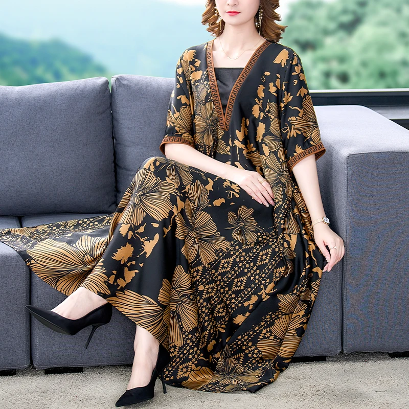 

Summer Black Floral Silk Midi Dress Women Fake Two Piece Elegant Loose Waist Robe 2024 Korean Vintage Casual Party Evening Dress