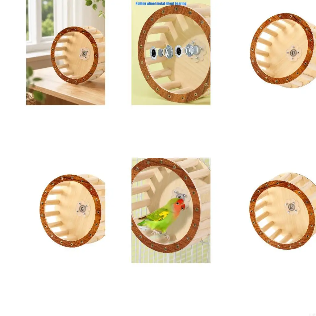 Wooden Bird Exercise Wheel Toy for Small Pet Birds, Quiet Cage Running Wheel with Grip Track for Indoor Bird Activity, 17 x B03E