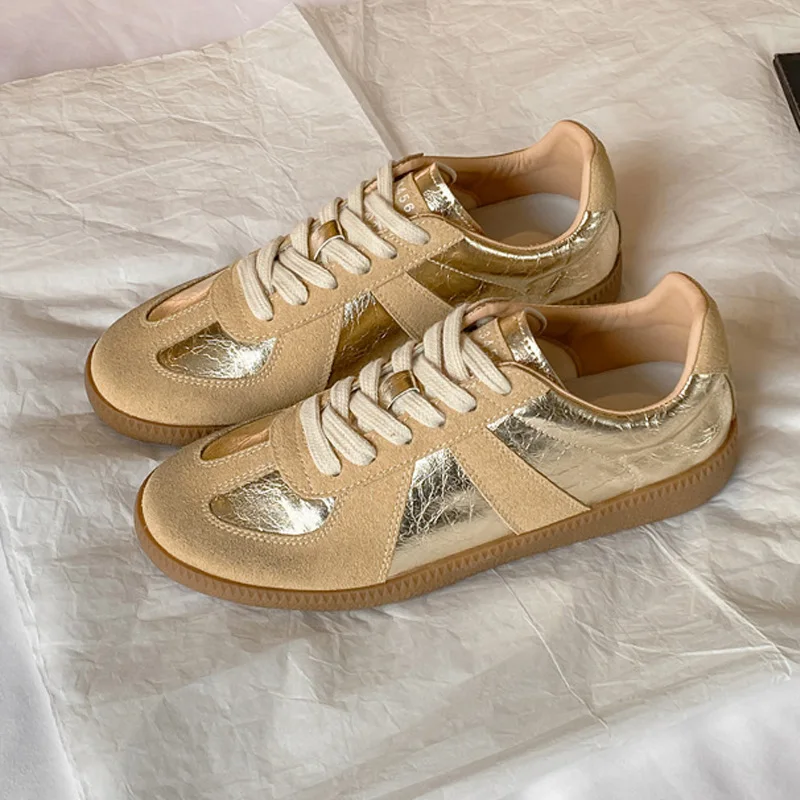 

Training Shoes Leather Women Casual Sneakers Golden Silver Lace-Up Athletic Shoes Low Heels Lace-Up Breath Tennis Flats Shoes