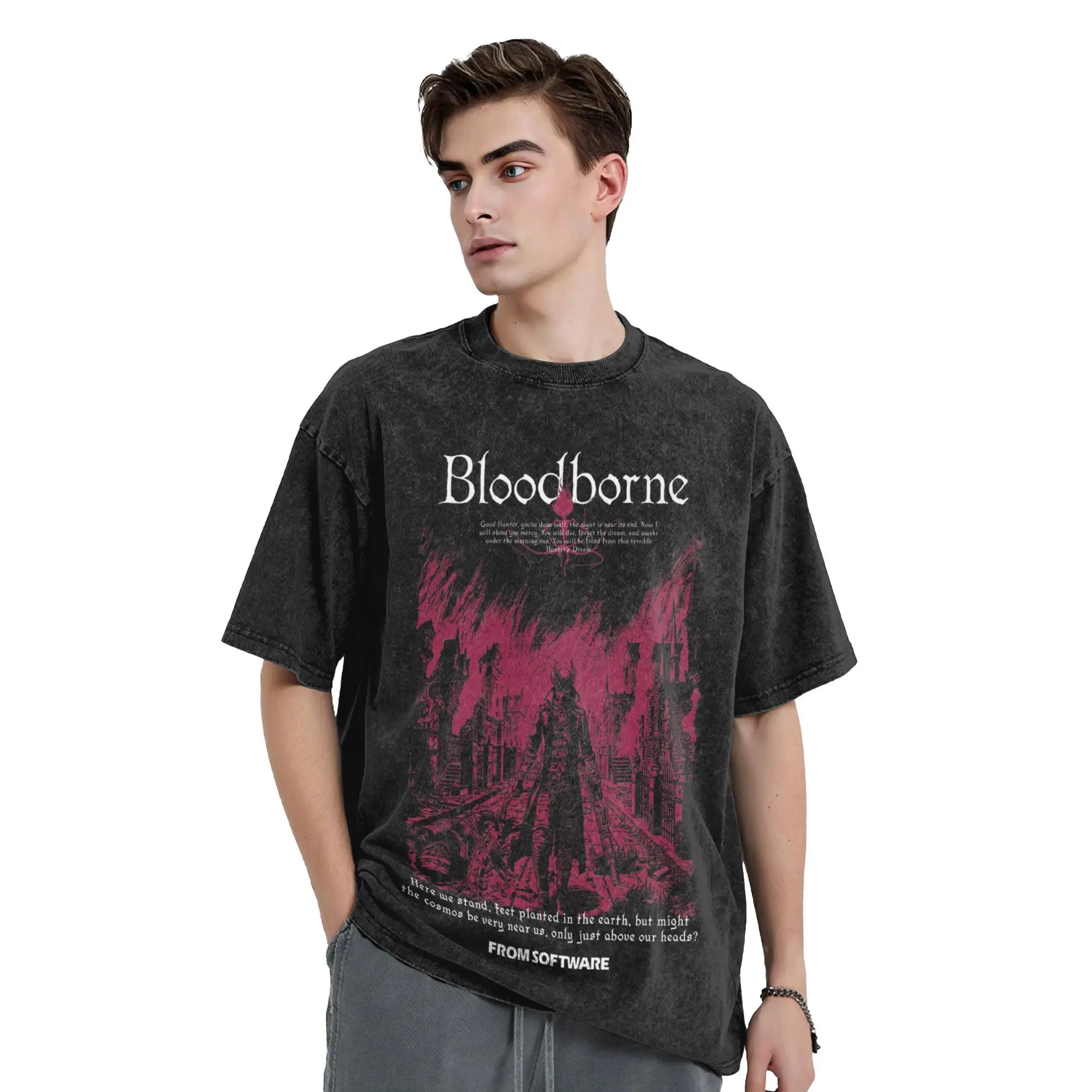 

Bloodborne Dark Souls Washed T Shirts Streetwear Hip Hop Vintage T-Shirt Tees Tops for Men Women Cotton Street Graphic Printed