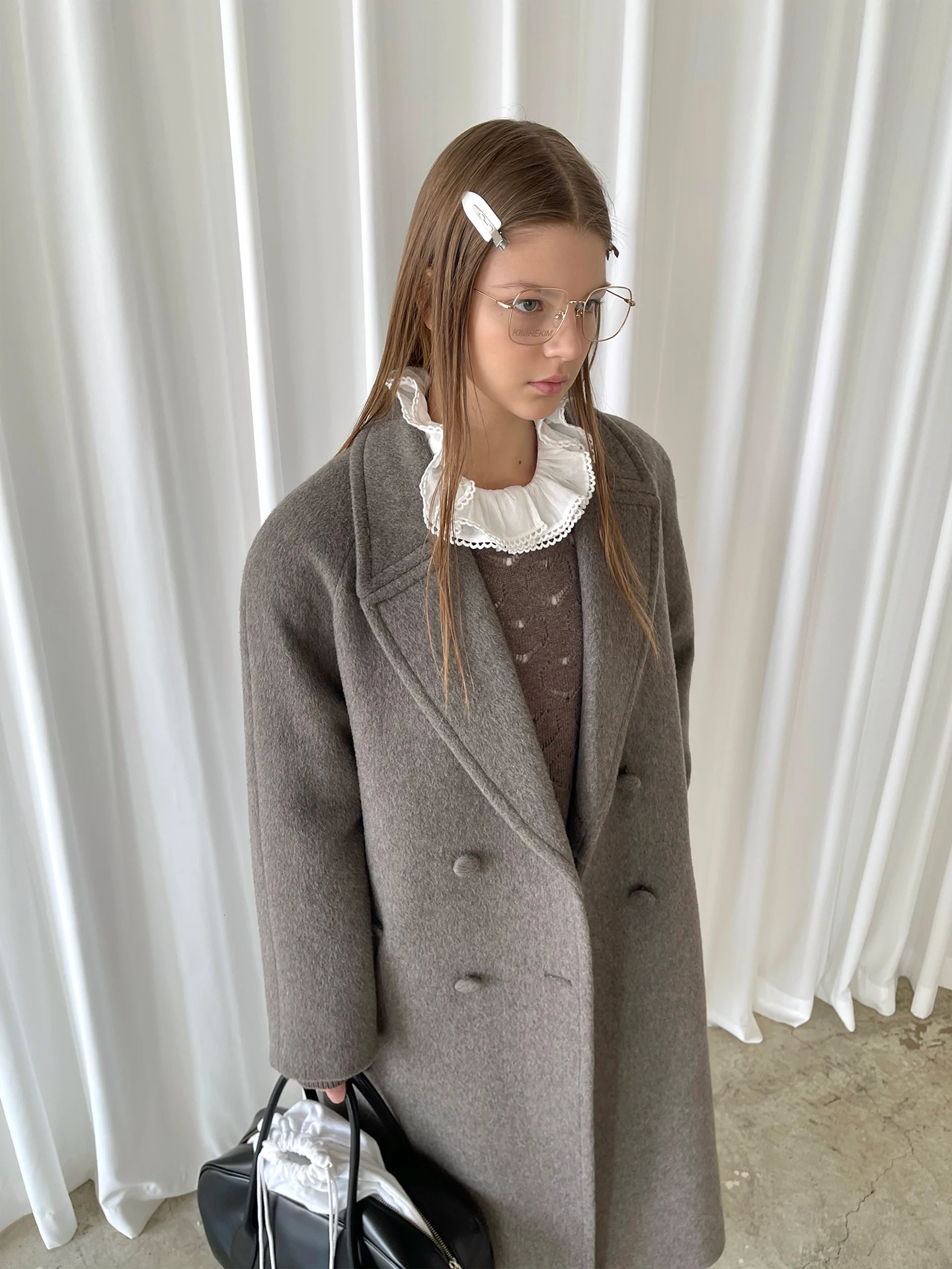 

Шерстяное пальто двубортное с широкими плечами в стиле Ай Браун, PFF GIRL, с длинными рукавами, женское, для повседневной носки, модная верхняя одежда