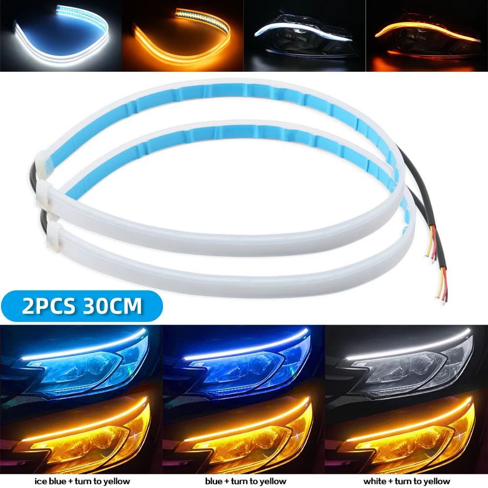 

Bevinsee Car LED DRL Light Strip White+Blue+Yellow Flexible LED Strip Turn Signal Lamp Waterproof 12V Decorative Auto Headlights