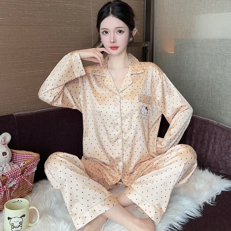 Sanrio Hello Kitty Ice Silk Pajamas 2pcs 1set Women Autumn Loose Comfortable Soft Cute Cartoon Home Clothes Suit Kawaii Gift