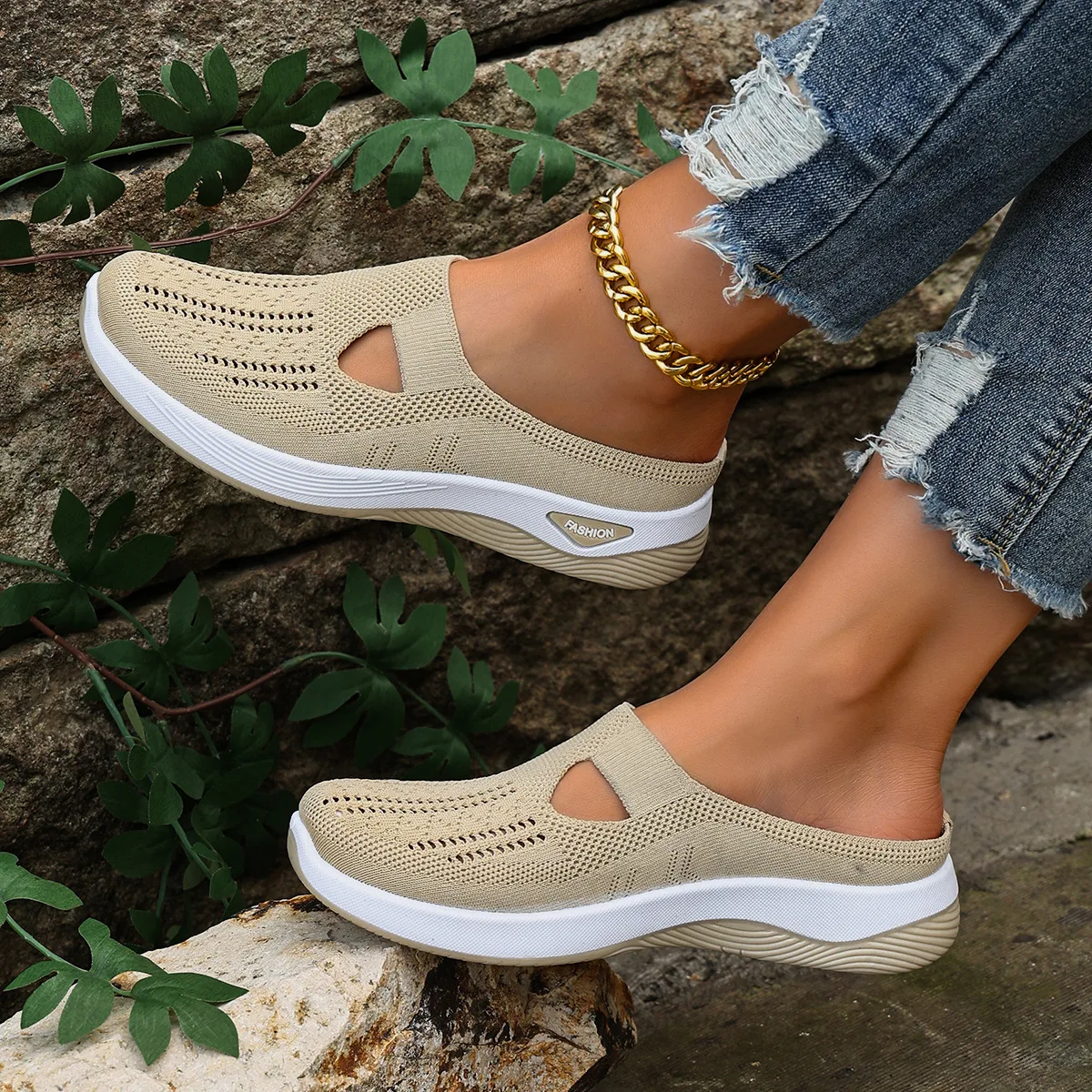Damen-Slipper mit Strickmuster, atmungsaktivem Mesh-Oberteil, hohlem Design, Keilabsatz, dicker Sohle, leicht, für den täglichen Gebrauch und zum Spazierengehen im Freien. – Detail 8